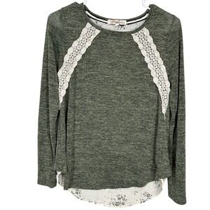 Rewind Green Knit Blouse with Floral Underlayer Lace Strip on Front Womens Small